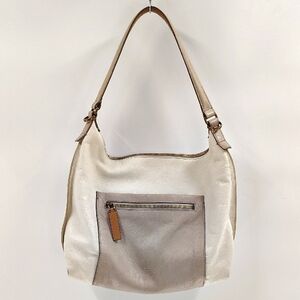 Fossil White Ivory Leather Hobo Bag Zip Beige Pocket Front Zip Top Shoulder Bag